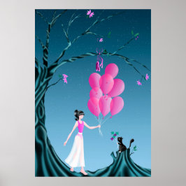 Niedliche Ballerina und Cat Midnight Tree Poster