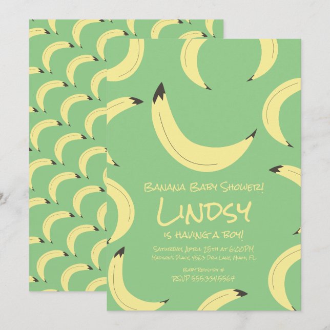 Niedliche Banana Green Boy Baby Dusche Einladung (Vorne/Hinten)