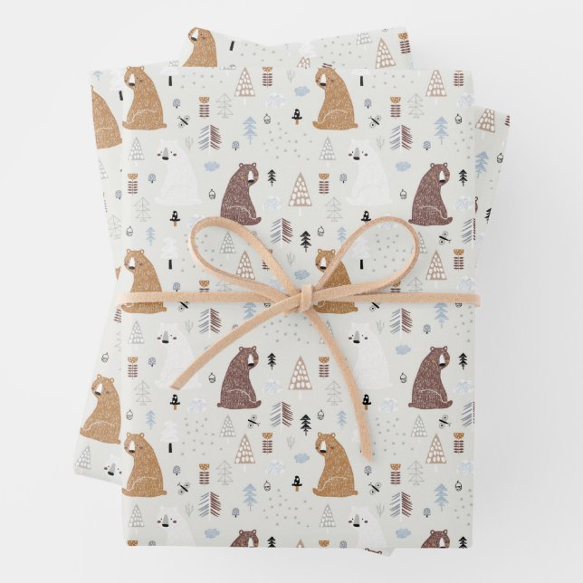 Niedliche Bären im Holzmuster Geschenkpapier Set (Beispiel)
