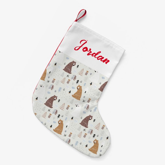Niedliche Bären im Holzmuster Kleiner Weihnachtsstrumpf (Vorderansicht (hängend))