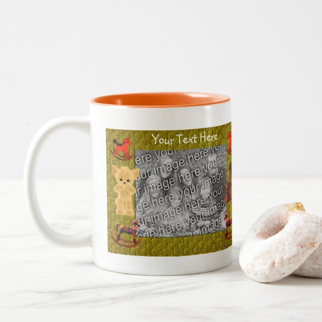 Niedliche Bären Rocken Pferde Personalisiertes Fot Zweifarbige Tasse (Mit Donut)