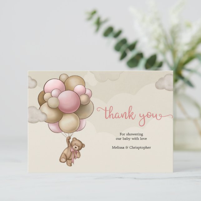 Niedliche Bärenballons braun rosa beige Danke Begleitkarte (Stehend Vorderseite)