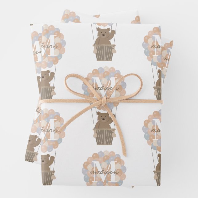 Niedliche Bärenballons Monogramm Geschlecht Neutra Geschenkpapier Set (Beispiel)