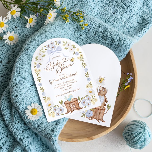 Niedliche Bärendusche Einladung (Cute Knitted Floral Woodland Bear Baby Boy Shower Invitation)