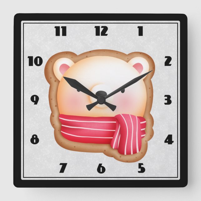 Niedliche Bärenfront Red Scarf & Rosy Cheeks Weihn Quadratische Wanduhr (Vorderseite)