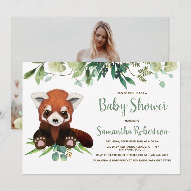 Niedliche Bärengärten Eucalyptus Baby Dusche Foto Einladung (Vorne/Hinten)