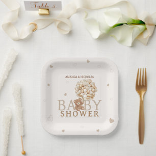 Niedliche Bärenherzen Beige hellbraune Babydusche Pappteller