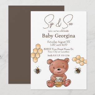 Niedliche Bärenkuppe und Honey Bees Baby Sip and S Einladung