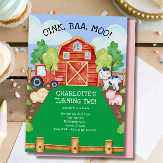 Niedliche Barnyard Farm Animals 2. Geburtstag Einl Einladung