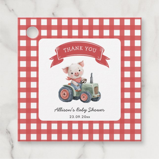 Niedliche Barnyard Pig Baby Dusche Rote Streifen Geschenkanhänger (Vorderseite)