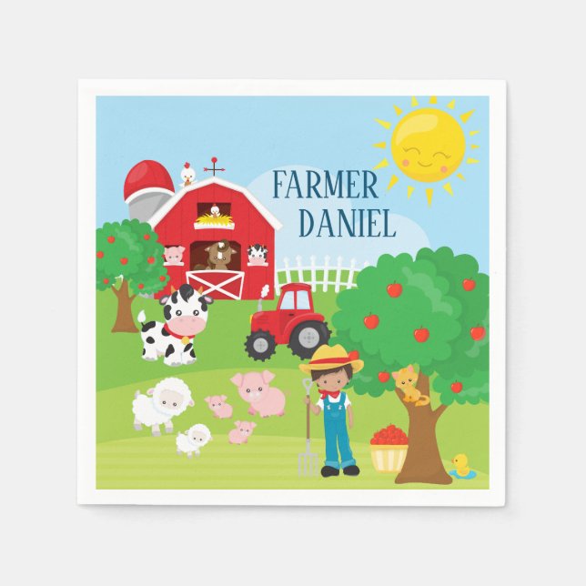Niedliche Barnyard Tiere, Bauer, Traktor Geburtsta Serviette (Vorderseite)