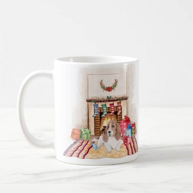 Niedliche Basset Hound Weihnachtsfeier Tasse. Kaffeetasse (Links)