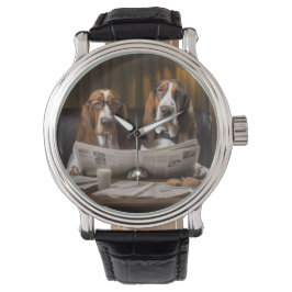 Niedliche Basset-Hunde beim Lesen einer Zeitung Armbanduhr