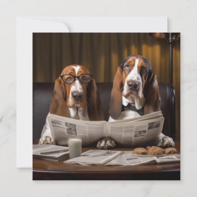 Niedliche Basset-Hunde beim Lesen einer Zeitung Einladung (Vorderseite)
