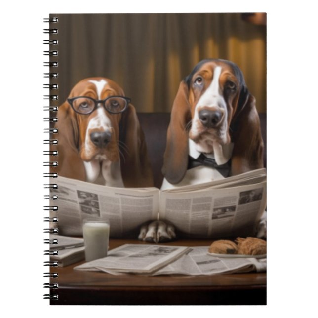 Niedliche Basset-Hunde beim Lesen einer Zeitung Notizblock (Vorderseite)