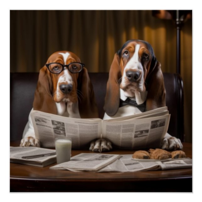 Niedliche Basset-Hunde beim Lesen einer Zeitung Poster (Vorderseite)