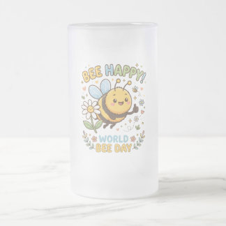Niedliche "Bee Happy!"-Illustration für den Weltbi Mattglas Bierglas