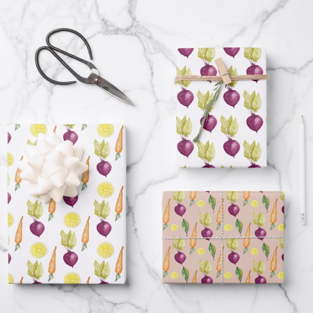 Niedliche Beets Lemon and Carroons Wasserfarbmuste Geschenkpapier Set (Vorderseite)