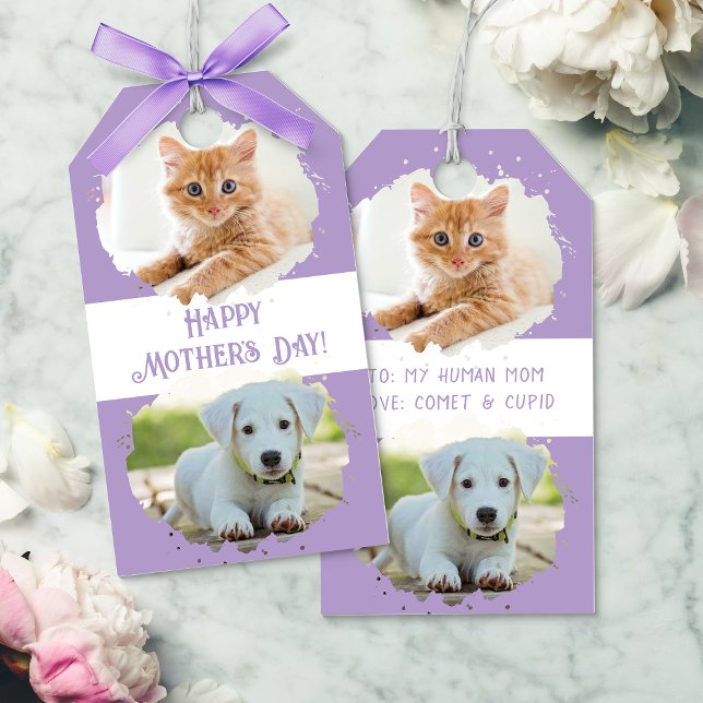 Niedliche Begleiter liebt Personalisiert zwei Foto Geschenkanhänger (Cute Pet Lovers Personalized Two Photos Purple Gift Tags)