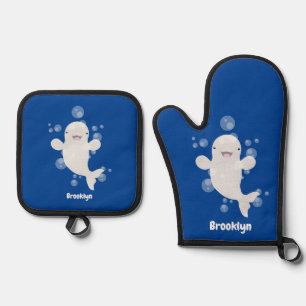 Niedliche Beluga-Wal-Blasen Cartoon-Abbildung Ofenhandschuh & Topflappen-Set
