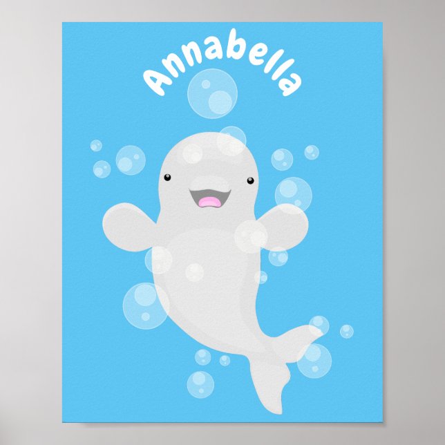Niedliche Beluga-Wal-Blasen Cartoon-Abbildung Poster (Vorne)