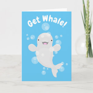 Niedliche Beluga-Wal-Blasen Cartoon-Illustration Karte