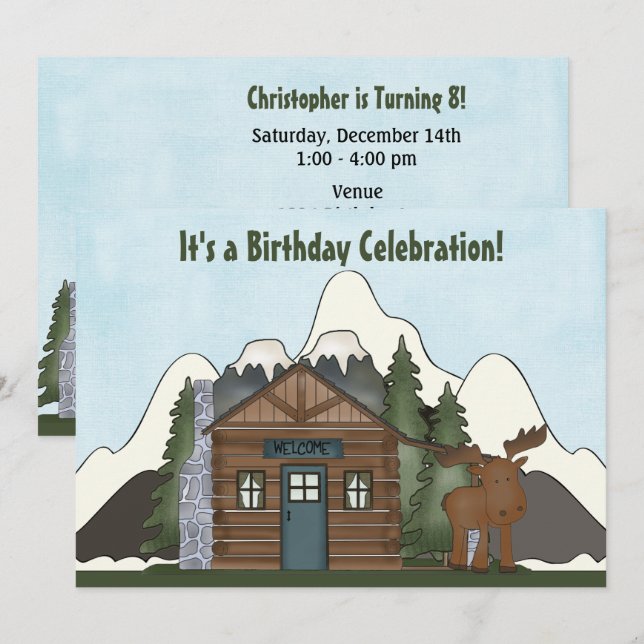 Niedliche Berghütte und Elche zum Geburtstag einla Einladung (Vorne/Hinten)