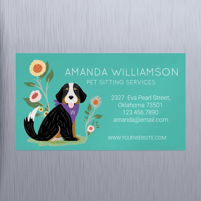 Niedliche Berner-Gebirgshundpflege Magnetische Visitenkarte (Cute Floral Bernese Mountain Dog Pet Care Services Business Card Magnet)