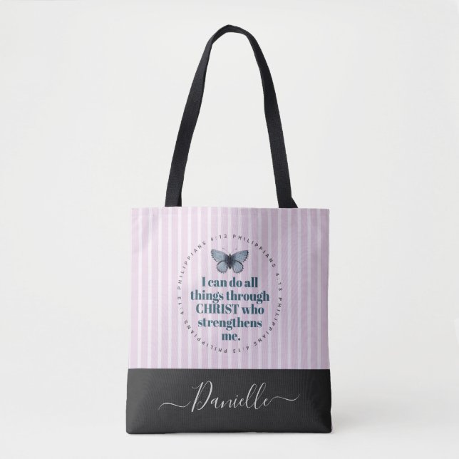 Niedliche Bibelverse Schmetterling Rosa Streifen N Tasche (Vorderseite)