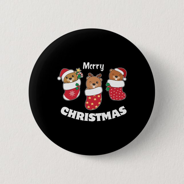 Niedliche Biber zu Weihnachten Strümpfe zu Weihnac Button (Vorderseite)