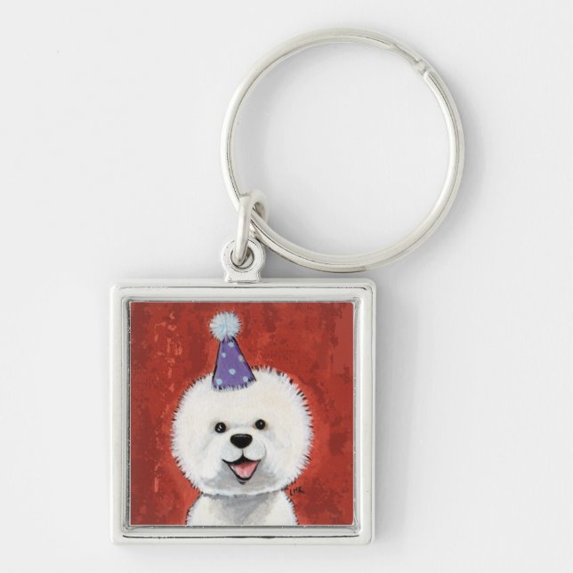 Niedliche Bichon Frise Party-Hundeillustration Schlüsselanhänger (Vorne)