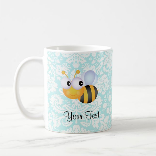 Niedliche Biene; Aquamarines Damast-Muster Kaffeetasse (Links)
