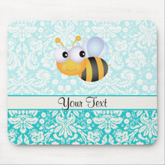 Niedliche Biene; Aquamarines Damast-Muster Mousepad