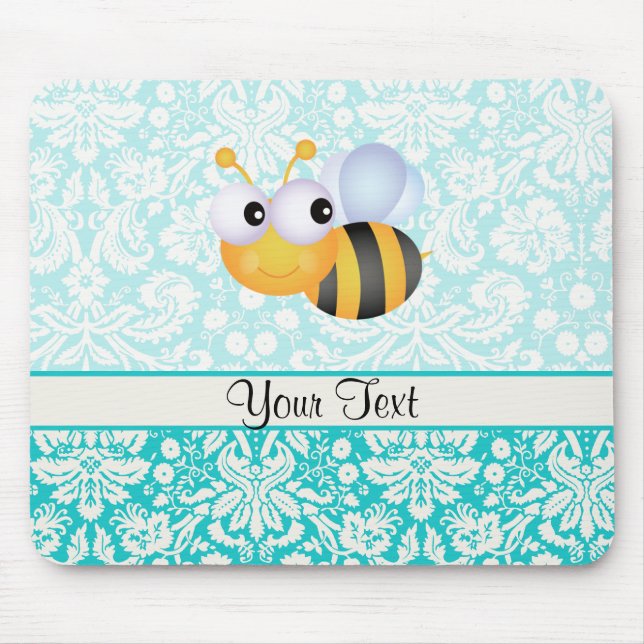 Niedliche Biene; Aquamarines Damast-Muster Mousepad (Vorne)
