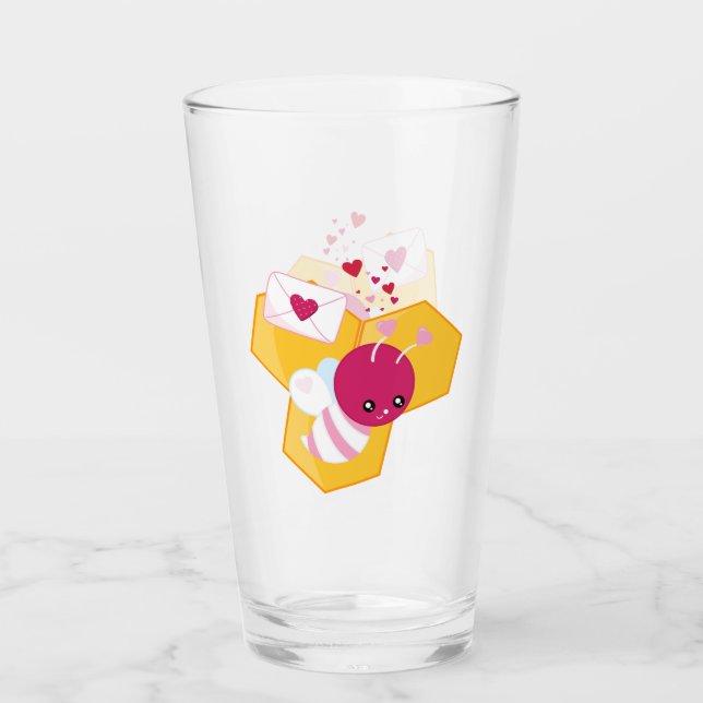 Niedliche Biene mit rosafarbenen Herzklopfen Glas (Vorderseite)