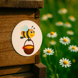 Niedliche Biene trägt Honigtopf mit Blume Runder Aufkleber