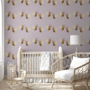 Niedliche Bienen mit Heart Wings Brown Yellow Lila Tapete