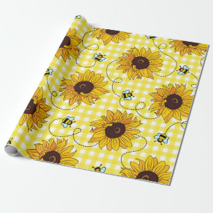 Niedliche Bienen und Sonnenblumen auf einem karier Geschenkpapier