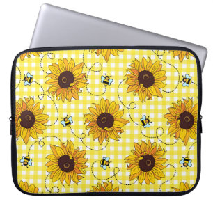 Niedliche Bienen und Sonnenblumen auf einem karier Laptopschutzhülle