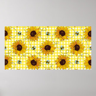 Niedliche Bienen und Sonnenblumen auf einem karier Poster