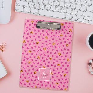 Niedliche Bienenmuster-Blume Monogramm Name pink Klemmbrett
