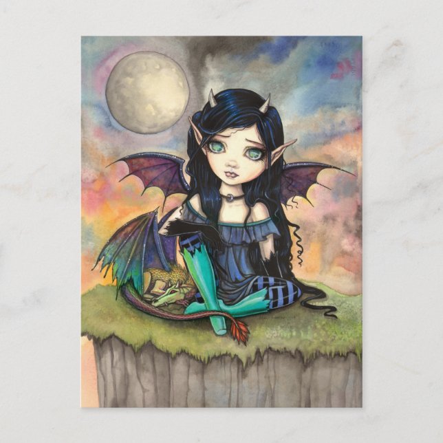 Niedliche Big-Eye-Gotik-Fee und Drachenkunst Postkarte (Vorderseite)