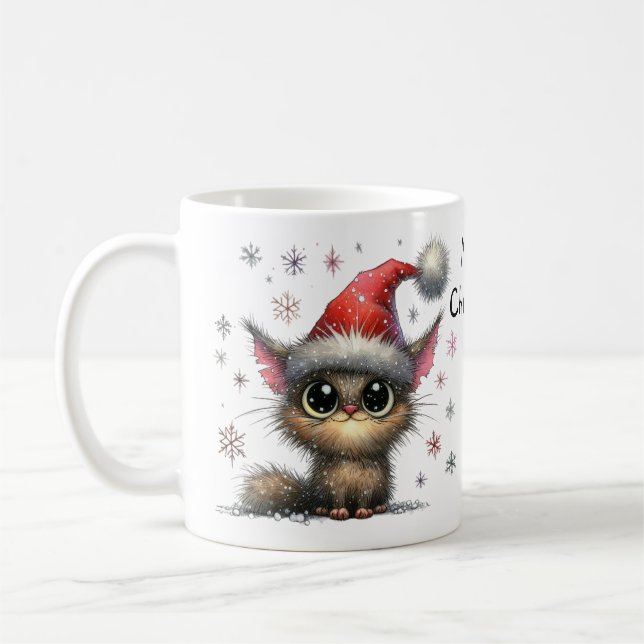 Niedliche Big mit Augen Cat in einer Weihnachtszei Kaffeetasse (Links)
