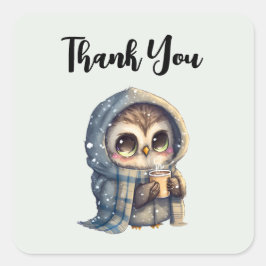 Niedliche Big Mit Augen Owl mit einem Kaffee Danke Quadratischer Aufkleber