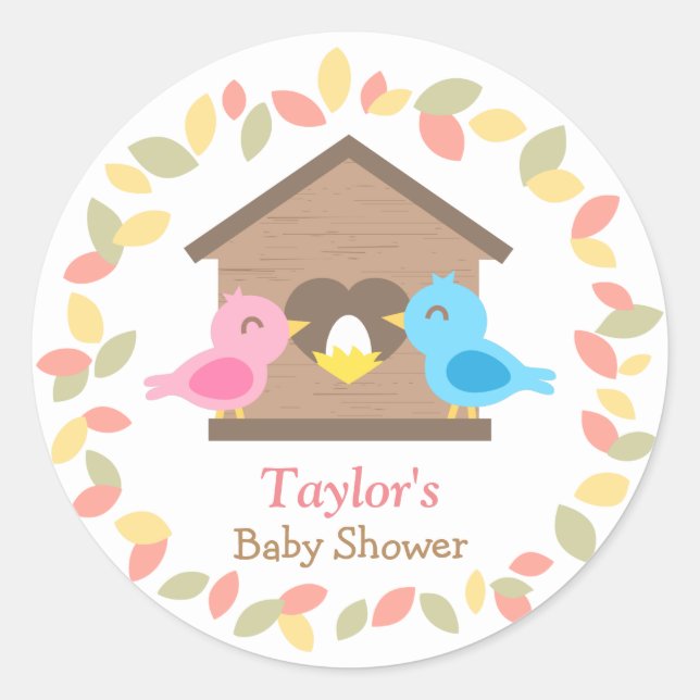 Niedliche Birdhouse-Blätter Wreath Bird Baby Dusch Runder Aufkleber (Vorderseite)