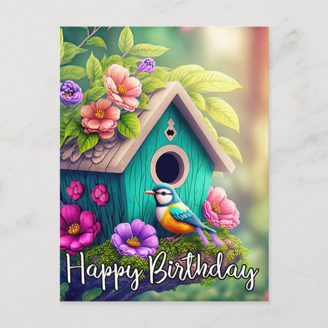 Niedliche Birdwatchers Birdhouse Illustration Postkarte (Vorderseite)