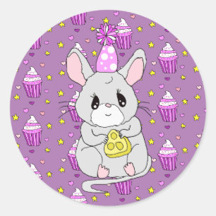 Niedliche Birthday-Maus Lila Runder Aufkleber