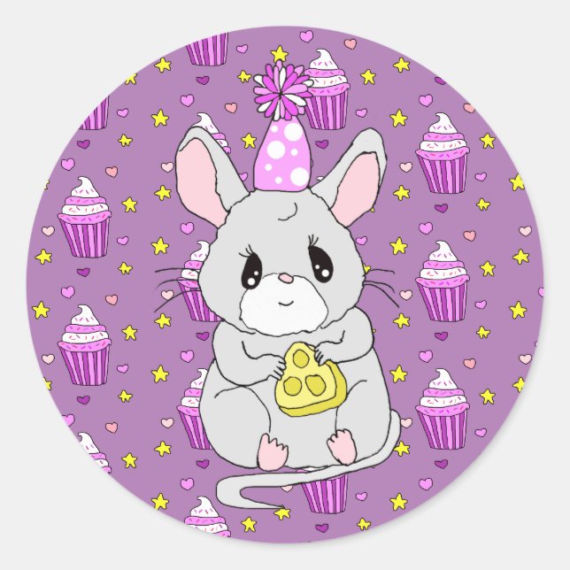 Niedliche Birthday-Maus Lila Runder Aufkleber (Vorderseite)