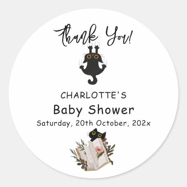 Niedliche Black Cat and Book Baby Dusche Runder Aufkleber (Vorderseite)