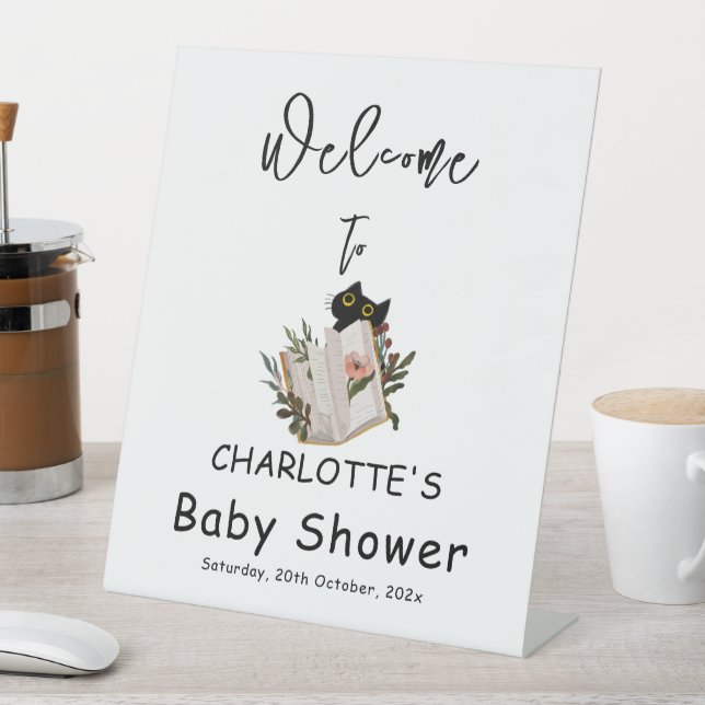 Niedliche Black Cat and Book Baby Dusche Willkomme Sockelschild (In Situ)